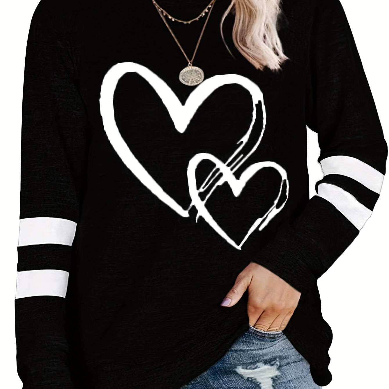 Temu Plus Size Casual Sweatshirt, Women's Plus Heart & Stripe Print Long Sleeve Crew Neck Slight Stretch Pullover Sweatshirt, Casual Tops For Fall & Winter, Plus Size Women's Clothing Khaki 5XL(22)