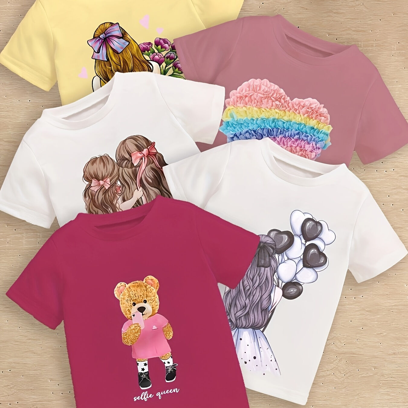 Temu 5pcs Cartoon Bear/girl/heart Print T-shirt For Toddler Kids, Trendy Short Sleeve Top, Baby Girl's Clothing Mixed Color 4-5Y