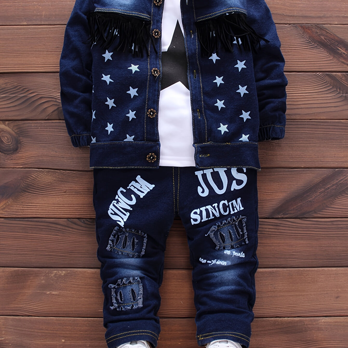 Temu 3pcs Baby Boy's Cowboy Denim Outfit, Tassel Denim Jacket & Star Pattern Long Sleeve Top & Jeans Set, Baby's Clothing, As Gift Blue 1-2Y