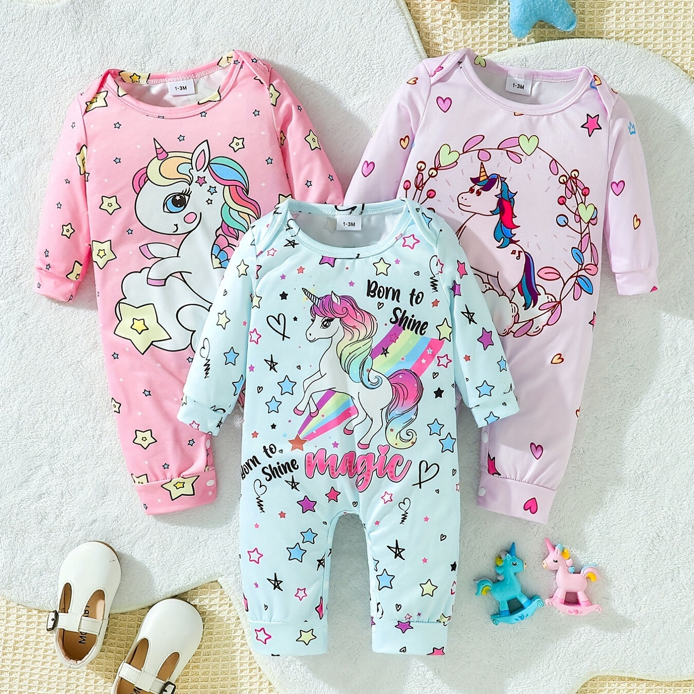 Temu Baby Girls Soft And Comfortable Cute Unicorn Allover Print Onesie Combo Clothes 3pcs/set Gifts Light Purple 9-12M