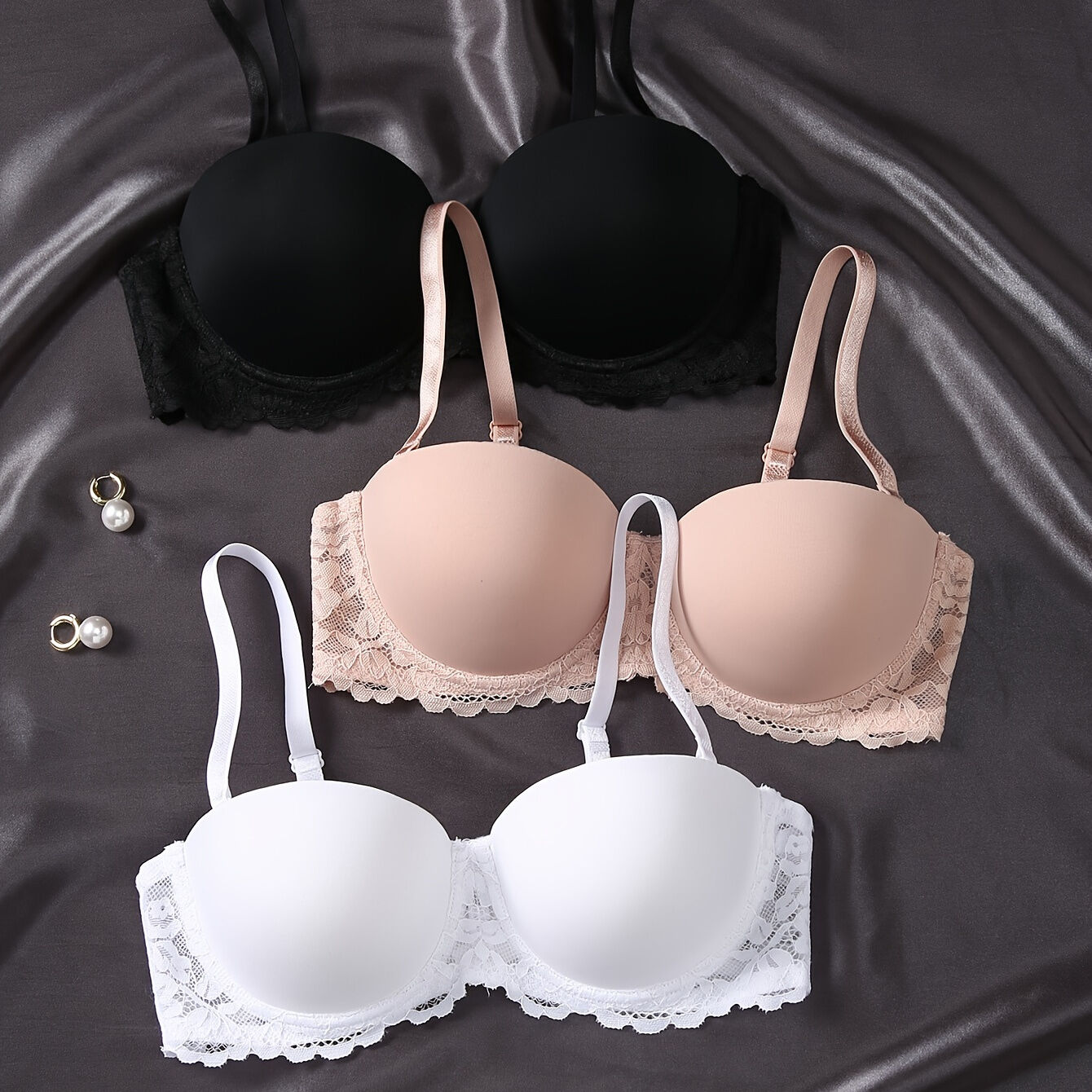 Temu 3pcs Contrast Lace Balconette Bra, Comfy & Breathable Push Up Bra, Women's Lingerie & Underwear Mixed Color A 34C(75C)