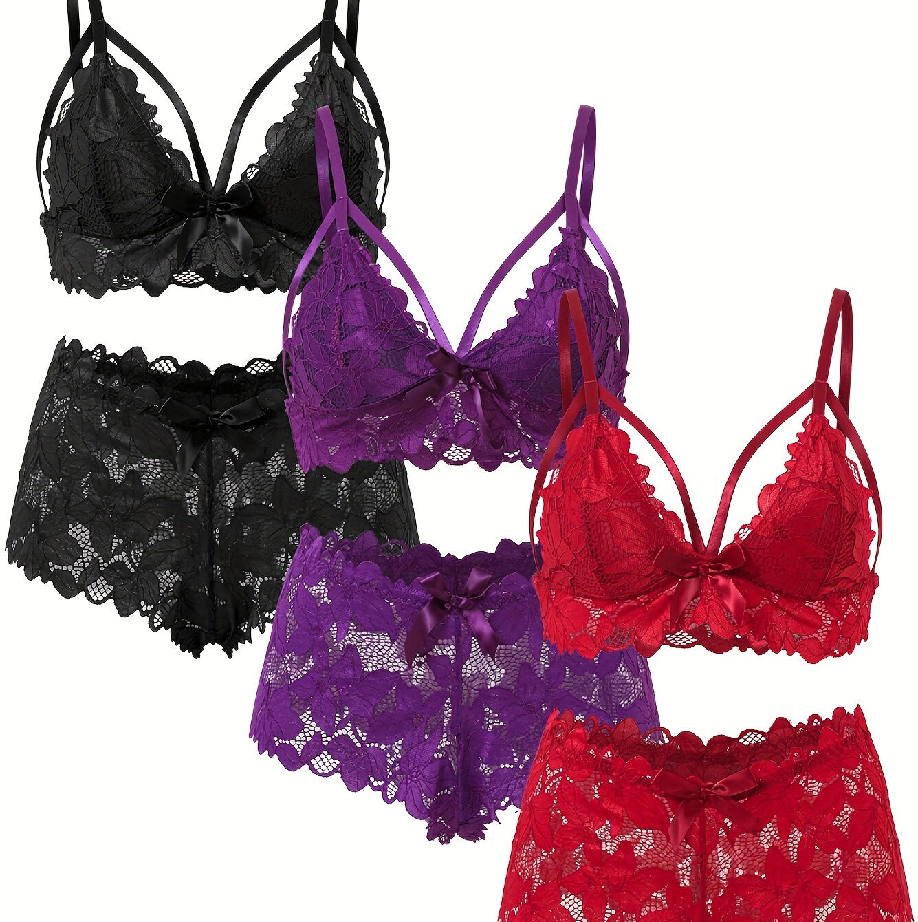 Temu 6 Pack Plus Size Sexy Lingerie Set, Women's Plus Floral Lace Scalloped Trim Bow Front Strappy Bra & Panty Lingerie 6 Piece Set Black+burgundy+purple 1XL