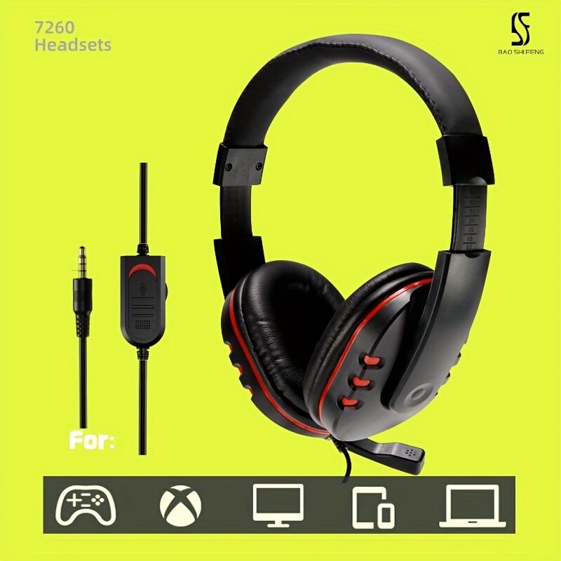 Temu 7260 Wired Headset With Microphone, Suitable For Gaming, Entertainment, Online Leisure, Work And Study, Compatible With: Ps4/ps5/ One/switch/mobile Phone/pc Tablet, Comfortable To Wear, Loud Sound Black & Red