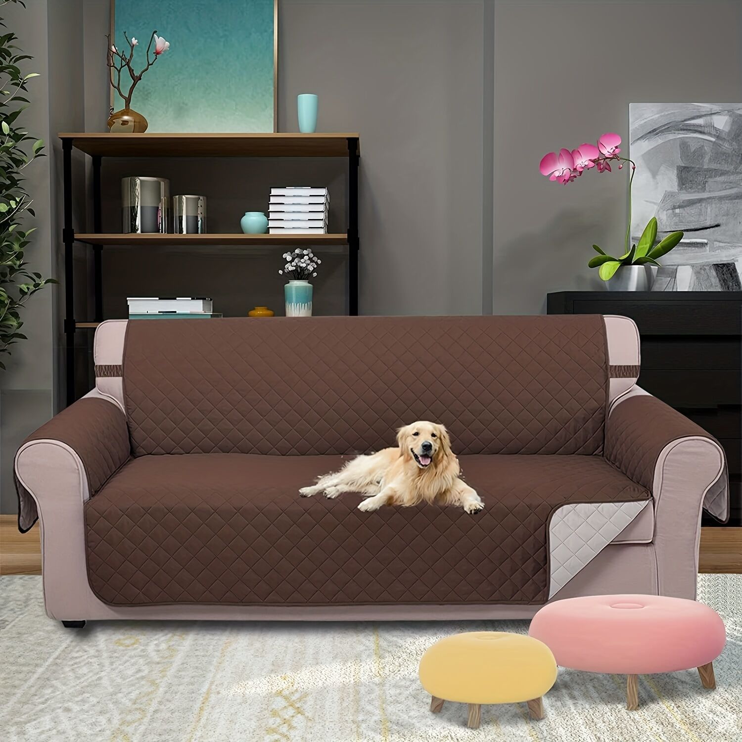 Temu 1pc Reversible Sofa Cover, Couch Cover For Dogs Pets, For Living Room Bedroom Office Home Decor, Furniture Protector Washable Couch Cover For Dog Brown/Beige- Recliner ã€�seat 28'ã€‘