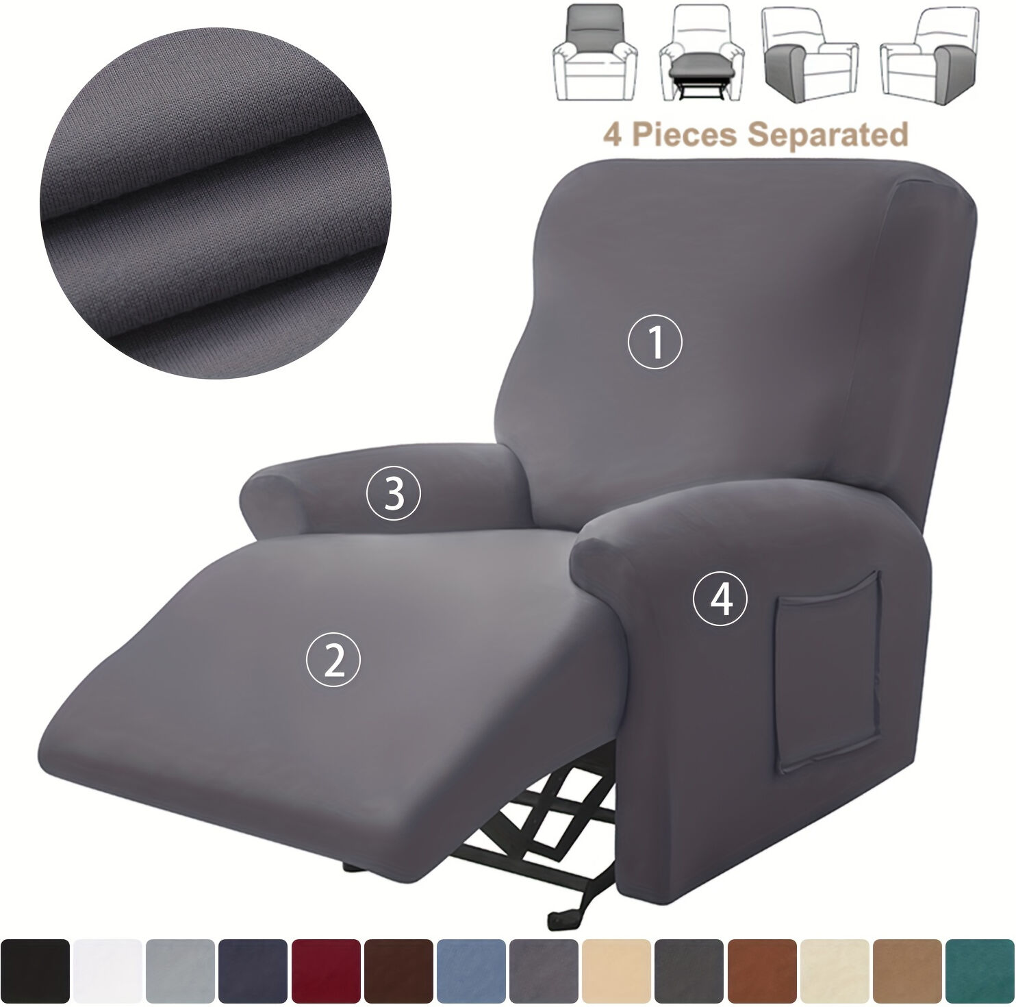 Temu 4pcs/set Stretch Spandex Sofa Cover Recliner Cover Recliner Slipcover, Furniture Protector With Elastic Bottom, Recliner Chair Cover With Side Pocket Coffee