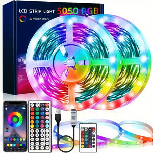 Temu 10m 5v Led Light Strip Set, 1-30m Background Decorative Light Rgb Color Usb Wireless Control 44 Key Music Background Atmosphere Light (with Controller Battery)  2835 44key 20m/65.6ft