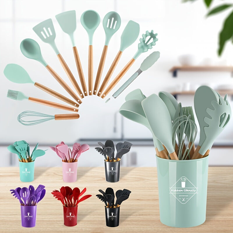 Temu 1set Kitchen Utensil Set, Silicone Cookware Set, 12 Pieces Silicone Kitchen Utensil Set, Wooden Cooking Utensils, Kitchen Gadgets, Silicone Cutlery Set, Kitchen Tools With Storage Bucket Purple 12-Piece Set + Free Type I Paring Knife