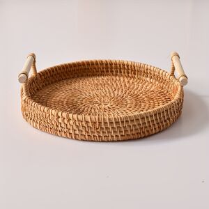 Temu 1pc Handmade Rattan Serving Tray - Double Ear Tea Tray, Fruit Plate, Bread Snack Basket, Storage Woven Basket, Heat Insulation Trivet Mat - Perfect For Home Kitchen Supplies  11.023in