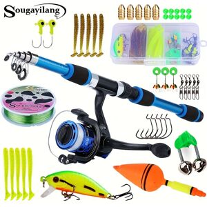 Temu Sougayilang 1.8m/5.9ft Fishing Pole Set Full Kits With Telescopic Fishing Rod And Spinning Reel Baits Hooks Travel Pole Set Green