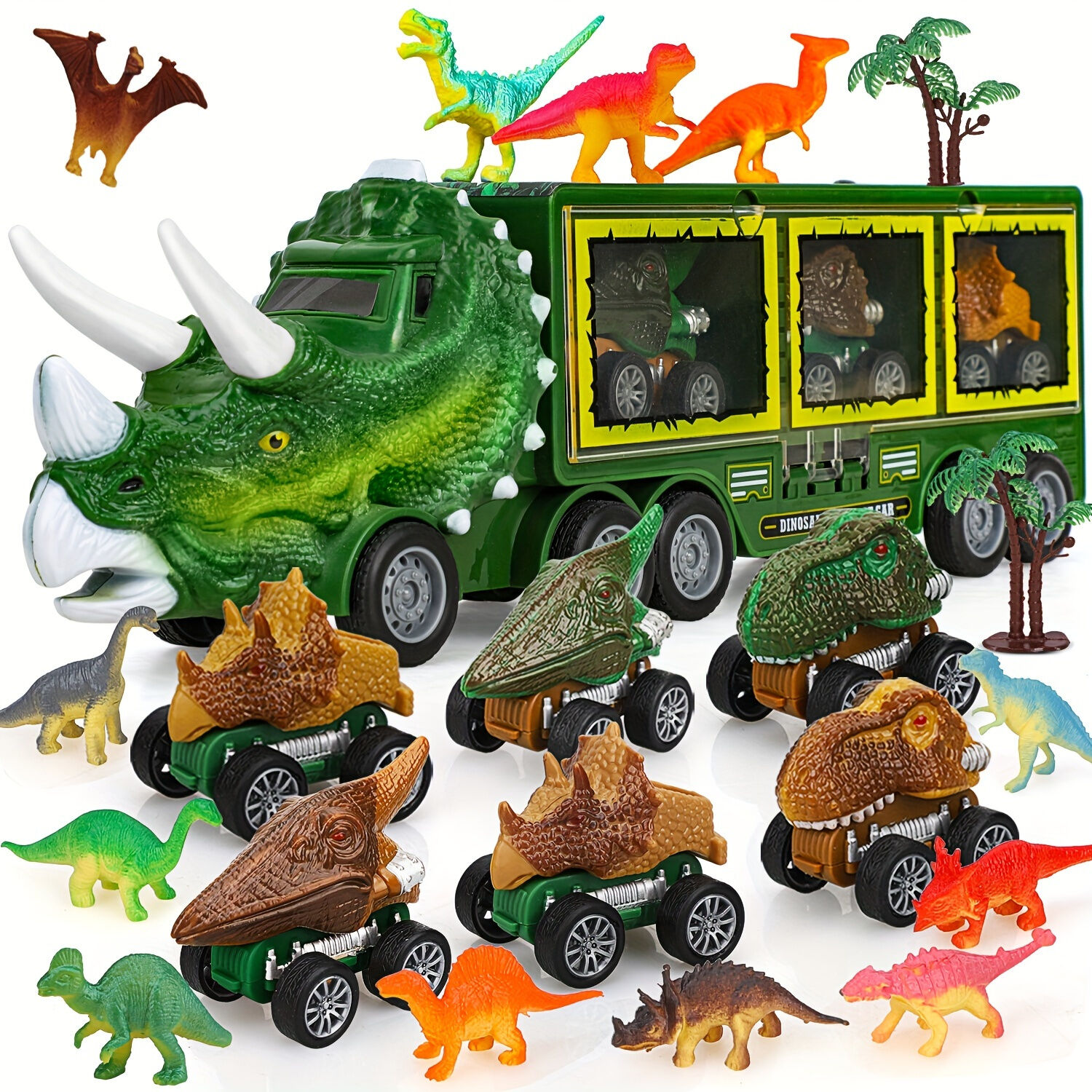 Temu Dinosaur Toys 21pcs/ Pack Dinosaur Truck With 6 Pull Back Dinosaur Cars And Dinosaur Figure, Toys For Boys And Girls, Dinosaur Transport Carrier Truck Christmas Gifts Green