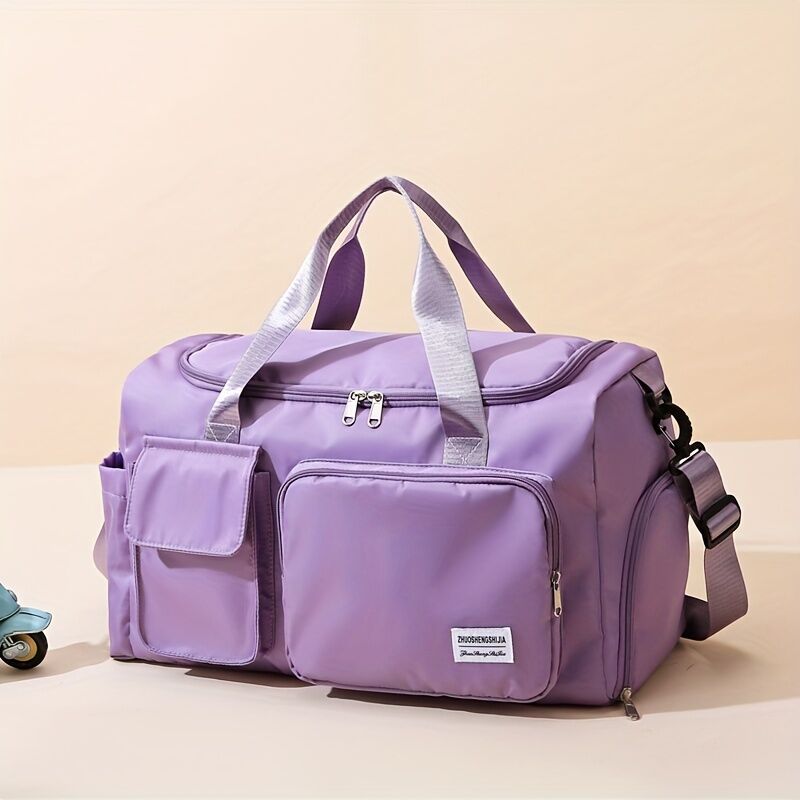 Temu Multi Pocket Luggage Duffle Bag, Waterproof Zipper Travel Bag With Shoe Compartment, Lightweight Sports Gym Bag Purple