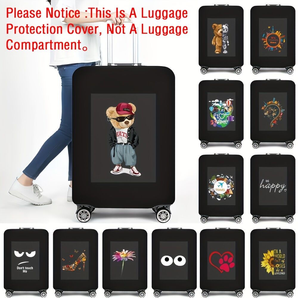 Temu Durable Travel Luggage Cover, Dacron Elastic Suitcase Cover Protector, Foldable Washable Luggage Cover Protector Bear L(26-28inch)