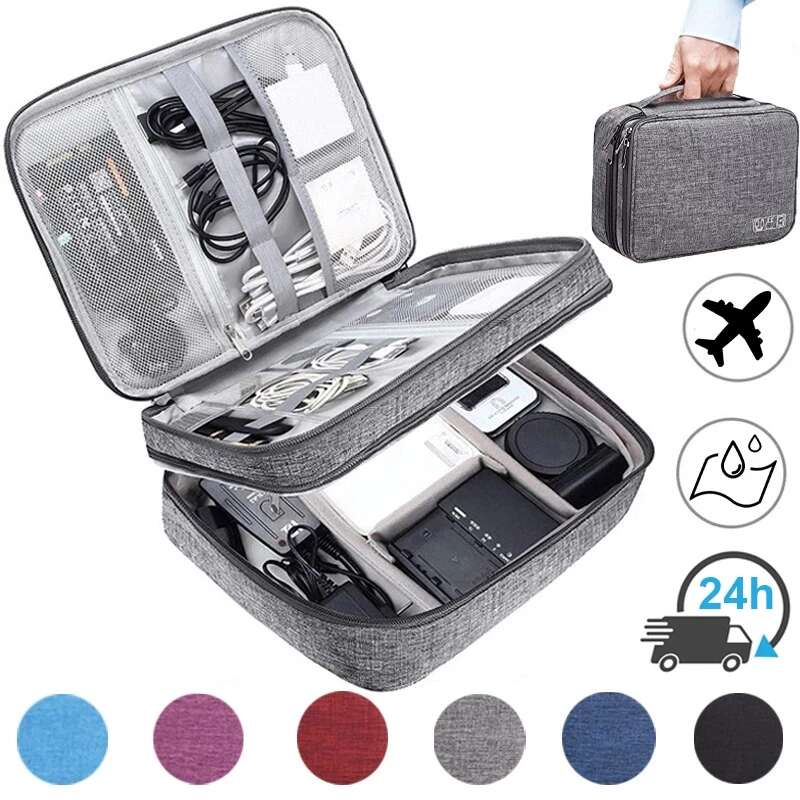 Temu Simple Portable Data Cable Storage Bag, Zipper Versatile Organizer, Lightweight Large Capacity Handbag 2 Layer Black