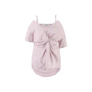 Cubic Off-Shoulder Knotted Checkered Blouse Thistle M female