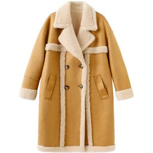 Cubic Yellow Faux Leather Sheep Wool Long Coat Camel M female