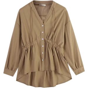 Cubic V-Neck Drawstring Peplum Blouse Yellowish Brown UN female