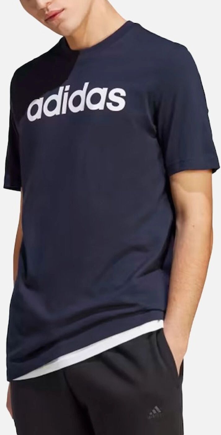 Men's Adidas Essentials Mens T Shirts Crew Neck Single Jersey Linear Embroidered Logo - Navy - Size: 36