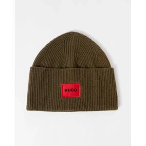 Hugo Boss Men's HUGO Xaff 6 Mens Knitted Beanie Hat With Ribbing and Red Logo Label - Green 257 - Tan - Size: ONE size