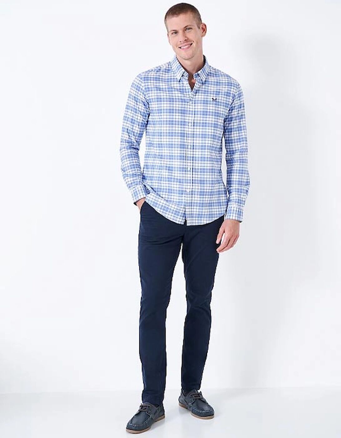 Men's Crew Clothing Men's Georgie Oxford Check Shirt Riviera White - Blue - Size: 38/Regular