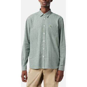 Men's LACOSTE Mens Flannel Check Shirt Long Sleeve Cotton Shirt Casual Button Top New - Green And White - Size: 38/Regular