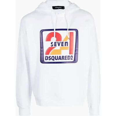 Men's Dsquared2 Cool Fit Seven 24 Logo White Hoodie - Size: 38 Men's Dsquared2 Cool Fit Seven 24 Logo White Hoodie - Size: 38