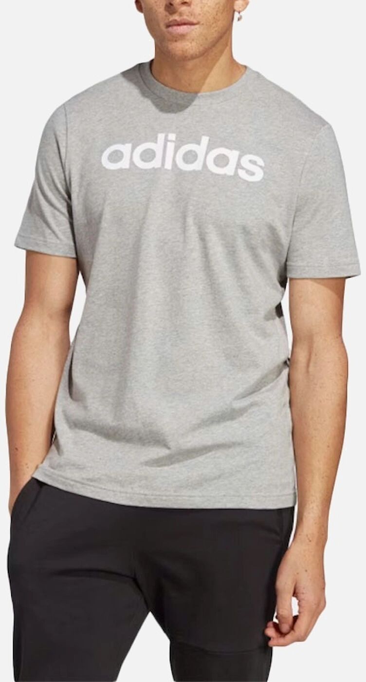 Men's Adidas Essentials Mens T Shirts Crew Neck Single Jersey Linear Embroidered Logo - Grey - Size: 34