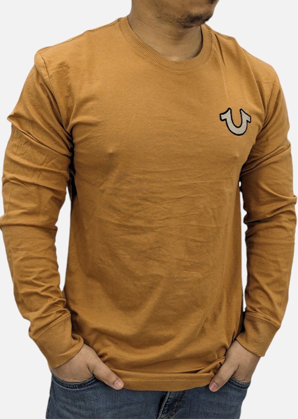 Men's True Religion 107704 Mens T Shirts Crew Neck Long Sleeve Summer Buddha T Shirt - Tan - Size: 40