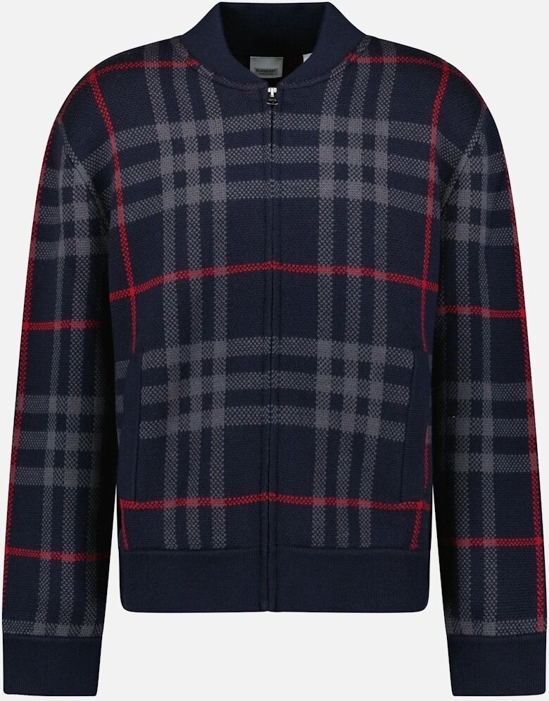 Men's Burberry 'Morland' Knitted Wool Bomber Jacket Check Navy - Size: 40/Regular