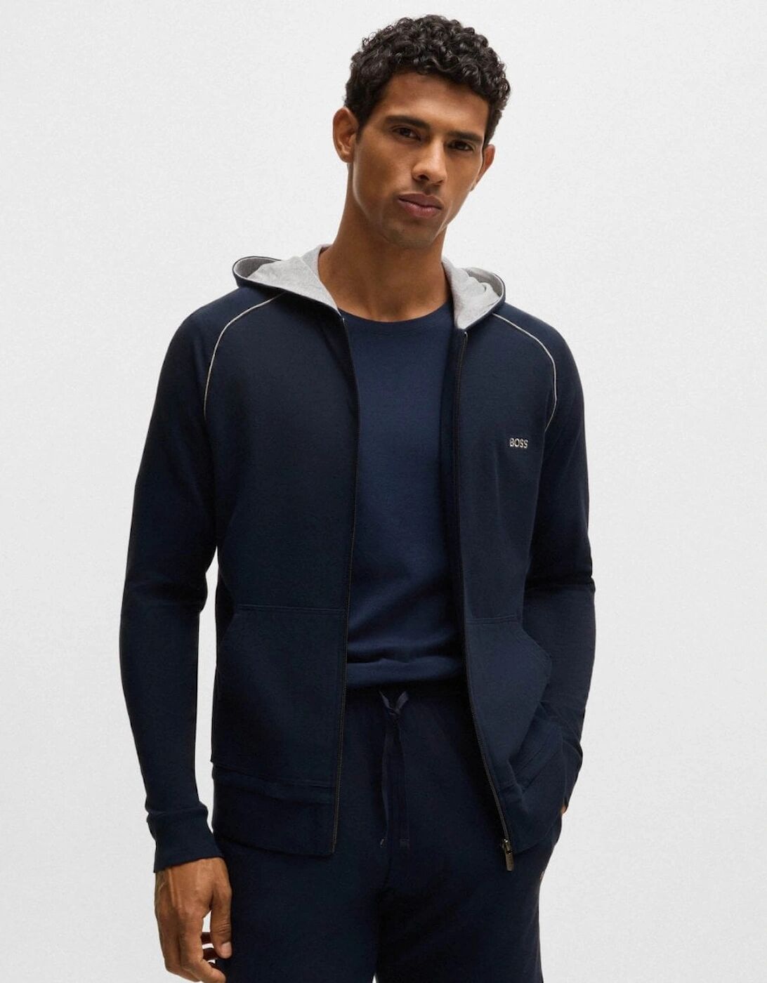 Hugo Boss Men's BOSS Orange Mix&Match Mens Stretch-Cotton Zip-Up Hoodie with Embroidered Logo - Dark Blue 403 - Navy - Size: 40