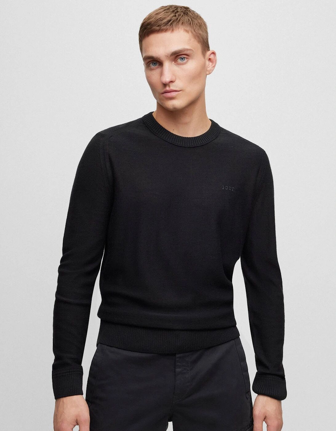 Hugo Boss Men's BOSS Orange Avac C Mens Wool Blend Regular Fit Sweater with Embroidered Logo - Black 001 - Size: 44