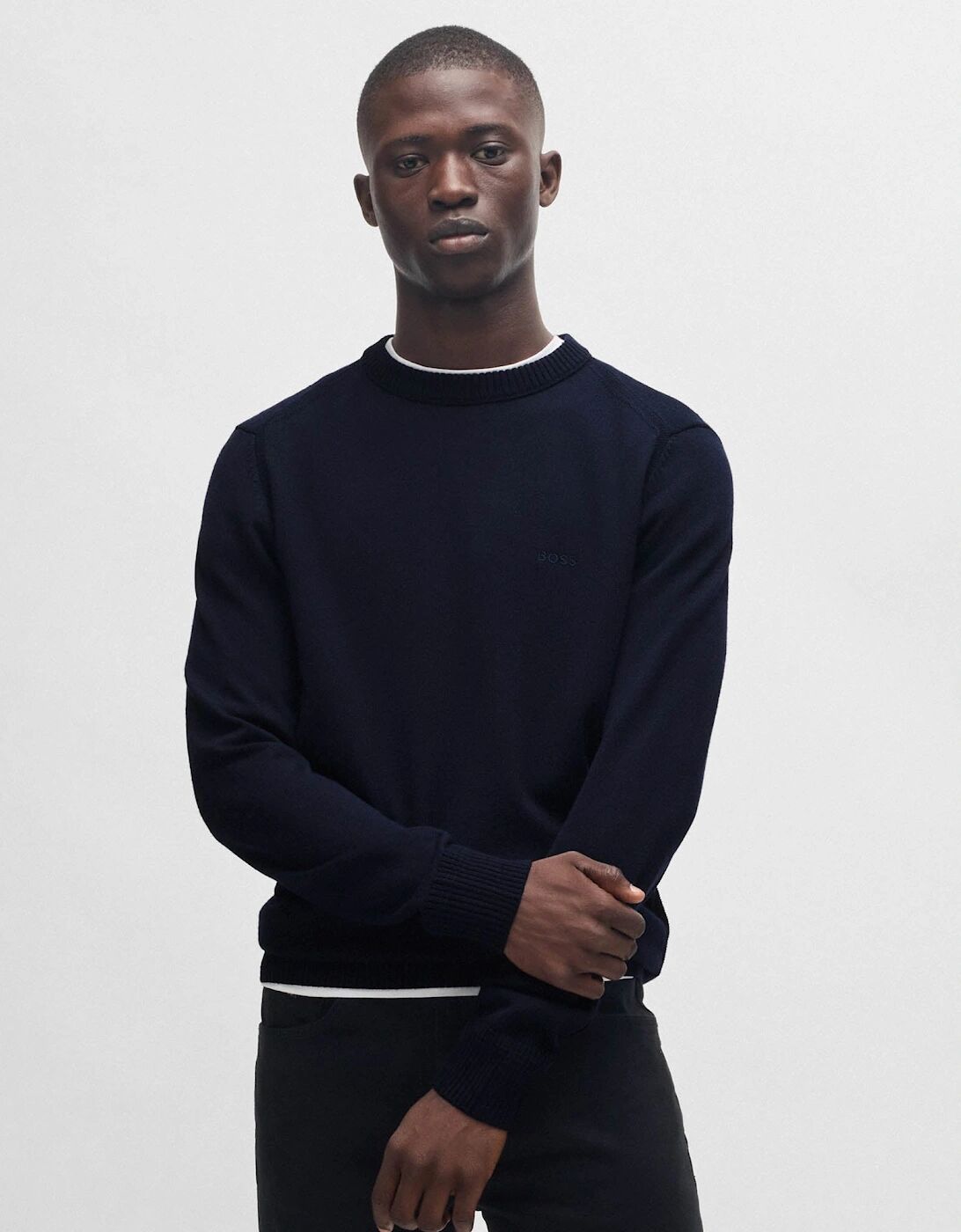 Hugo Boss Men's BOSS Orange Avac C Mens Wool Blend Regular Fit Sweater with Embroidered Logo - Dark Blue 404 - Navy - Size: 42