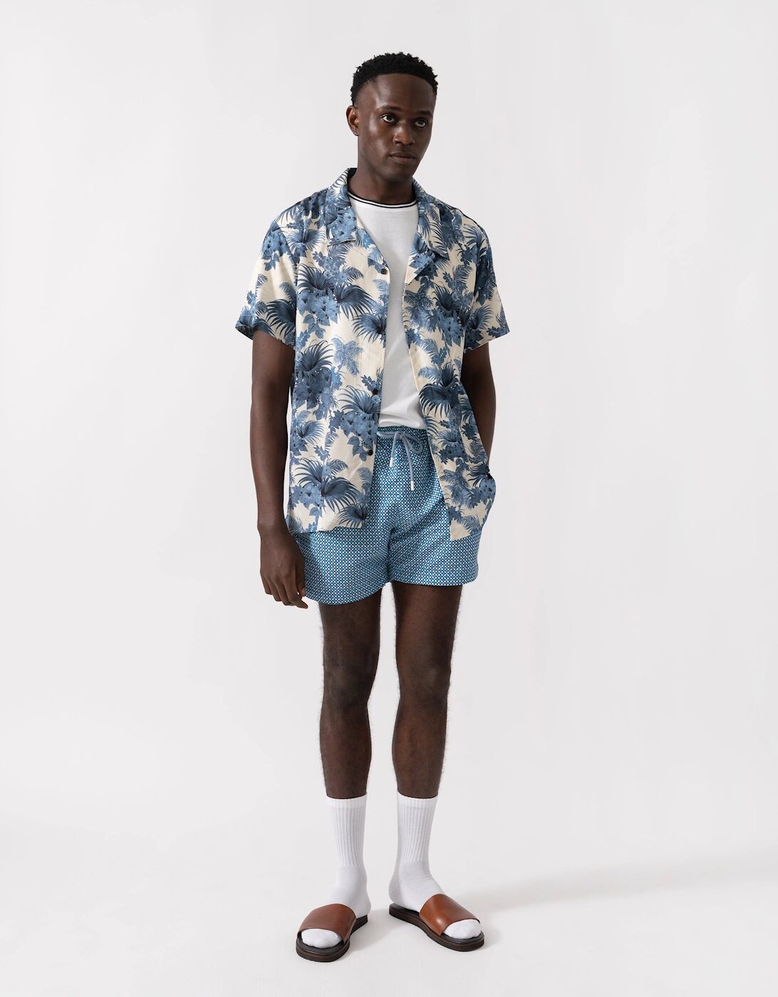 Hugo Boss Men's BOSS Orange Mens Short Sleeve Floral Print Beach Shirt - Open Blue 483 - Size: 38/Regular