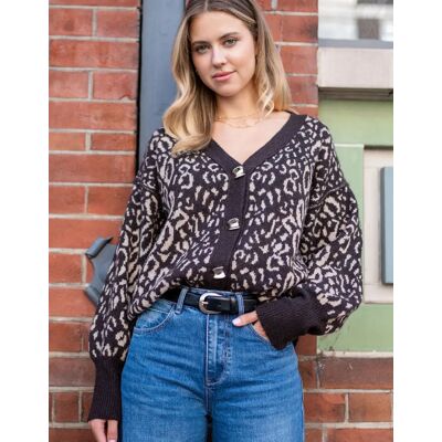 Gini London Women's Chocolate Animal Print Wool Mix Cardigan Look Jumper - Size: 10/12 Gini London Women's Chocolate Animal Print Wool Mix Cardigan Look Jumper - Size: 10/12