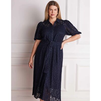 Live Unlimited London Women's Navy Blue Puff Sleeve Button Through Belted Lace Dress - Size: 26 Live Unlimited London Women's Navy Blue Puff Sleeve Button Through Belted Lace Dress - Size: 26