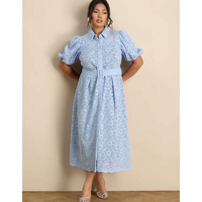 Live Unlimited London Women's Pale Blue Puff Sleeve Button Through Belted Lace Dress - Size: 22 Live Unlimited London Women's Pale Blue Puff Sleeve Button Through Belted Lace Dress - Size: 22