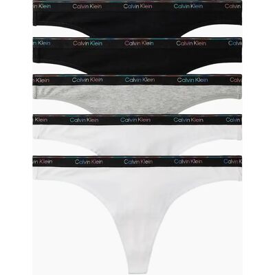 Calvin Klein Women's 5-Pack Icon Logo Thongs, Black/White/grey with Pride Waistband - Size: 8 Calvin Klein Women's 5-Pack Icon Logo Thongs, Black/White/grey with Pride Waistband - Size: 8