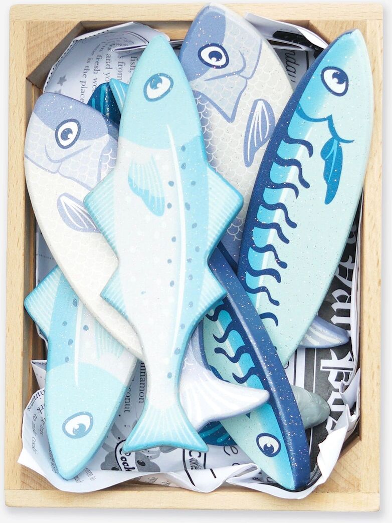 Le Toy Van Market Fish Wooden Play Food Crate-7 Piece (W:160 D:118 H:60mm) - Multi - Size: ONE size,
