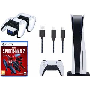 Sony PlayStation 5, Twin Docking Station (White), Dual Play and Charge Cable & Marvel’s Spider-Man 2 Bundle