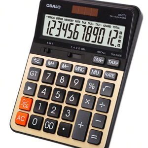 SHEIN Gold Black Desk Calculator With Large Key Buttons, 12 Digits, Large Eye-Angled Display, Solar And Battery Powered For Home And Office Multicolor one-size