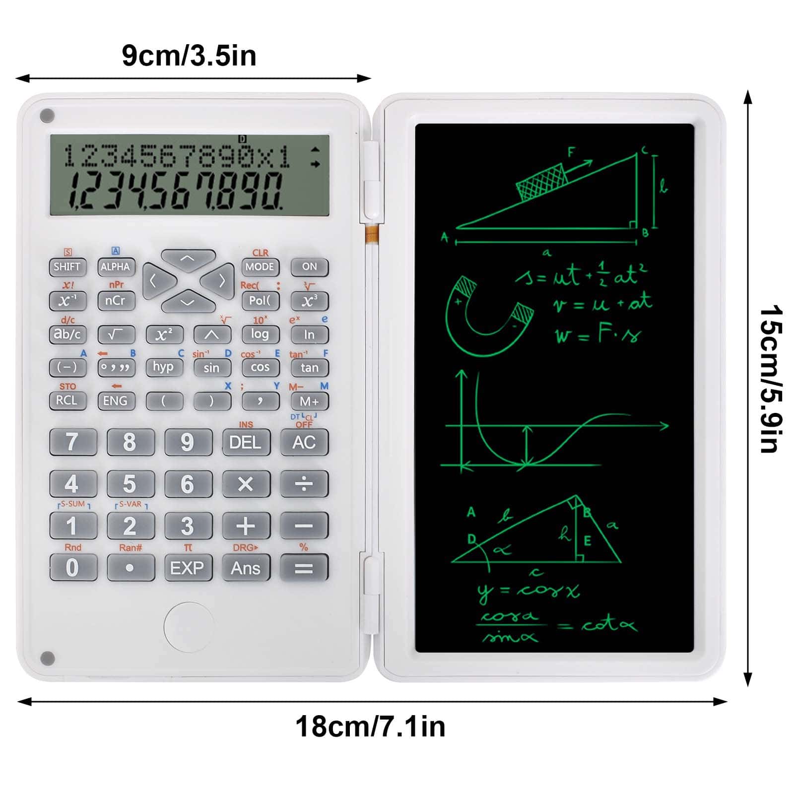 SHEIN Calculator with 6 Inch Erasable LCD Writing Tablet, Ultra Thin Scientific Calculator 10 Digits Foldable Multifunctional Desk Calculator Portable for School Office Home White one-size