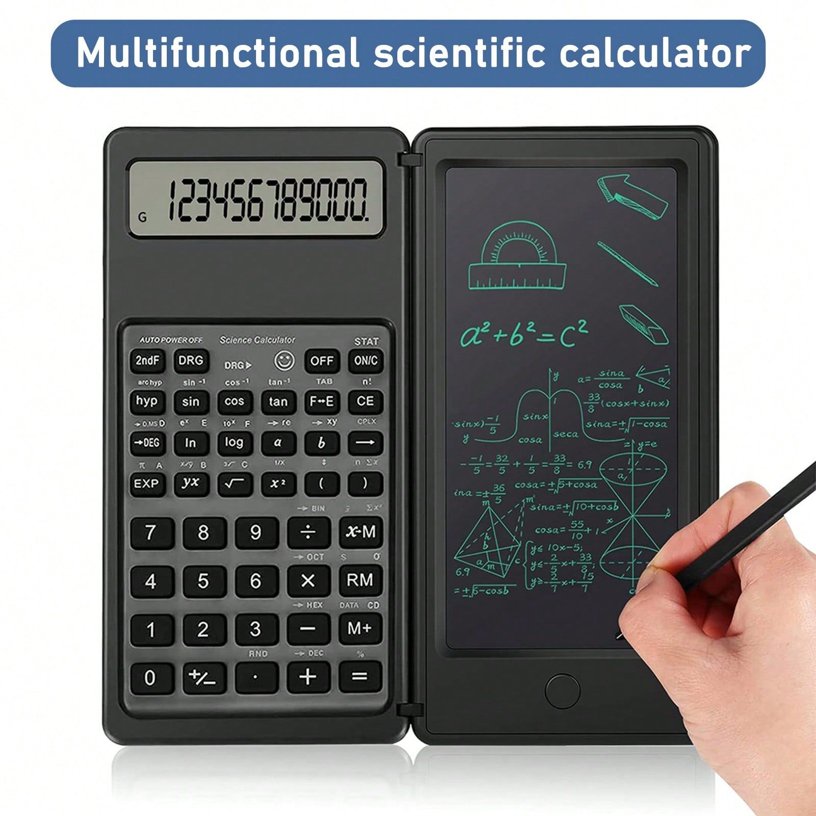 SHEIN Foldable Scientific Calculators 10 Digit LCD Display Desktop Calculators Comes with a 6 inch Writing Tablet for High School, College and Office Business Support Stylus Pen Erase Button Lock Black
