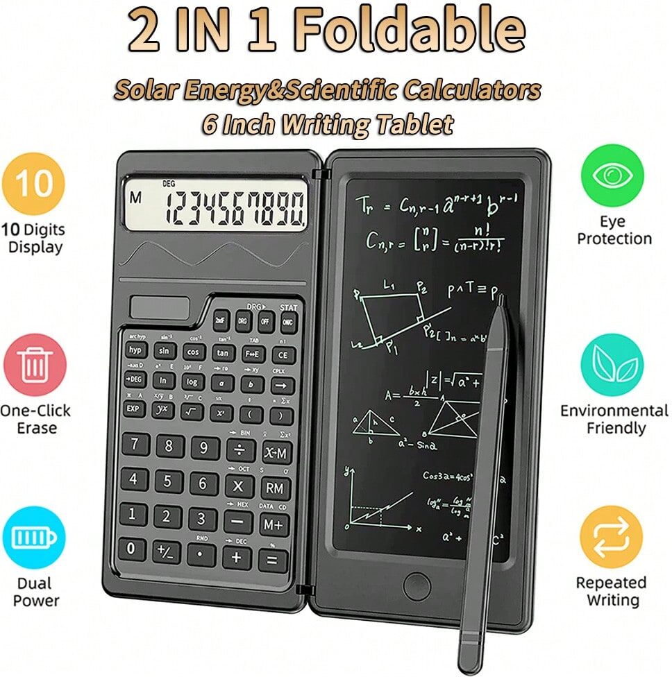 SHEIN Scientific Calculators Foldable Solar Energy Engineering Financial calculator 6 Inch LCD Writing Tablet Drawing Pad Graphing For Office Business Students Teacher Black