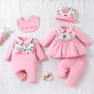 SHEIN Baby Girls' Romantic Floral Printed Gift Set With Patchwork Flowers Pink 6-9M,0-1M,1-3M,3-6M Girls