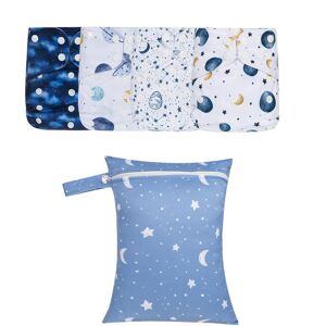 SHEIN 4pcs Baby Galaxy Pattern Cloth Diaper & 4pcs Diaper Insert & 1pc Diaper Storage Bag Blue one-size