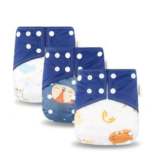 SHEIN 3pcs Cartoon Animal&Rainbow Pattern Baby Washable Cloth Diaper Royal Blue one-size