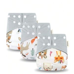 SHEIN 3pcs Cartoon Animal&Rainbow Pattern Baby Washable Cloth Diaper Grey one-size