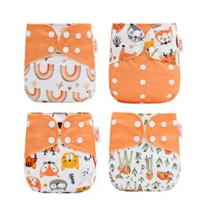 SHEIN 4pcs Cute Animal Pattern Baby Cloth Diaper Washable Adjustable Orange one-size