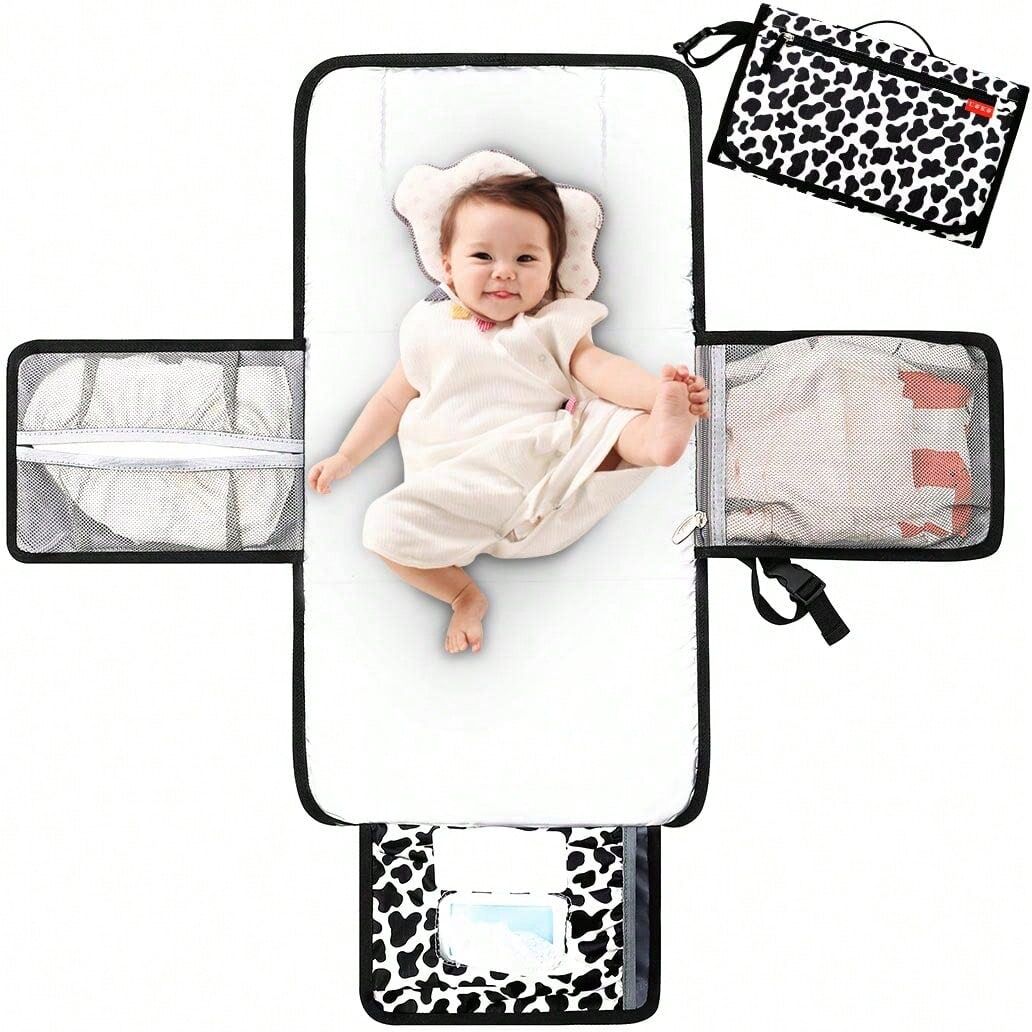 SHEIN Lekebaby Nappy Changing Mat Portable Changing Mat Baby Travel Change Mat With Wipe-Pocket And Head Cushion, Cow Stria Grey-Cow Stria 63 × 35 cm