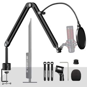 SHEIN Aokeo Black Iron Microphone Arm Set, Adjustable Rotating Suspension Arm, Multi-function Desk Clamp, Adjustable Compact Boom Arm Support, Ideal For Professional Streaming, Studio, Broadcasting, Podcasting (with Pop Filter) Black 3.5mm