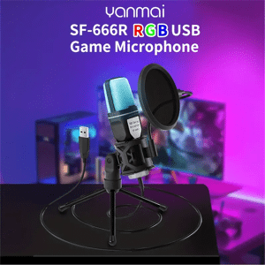 SHEIN RGB USB Condenser Microphone Cardioid Gaming Mic SF-666R With Anti-Vibration Shock Mount Pop Filter For Podcast Recording Studio Streaming Laptop Desktop For PC PS4 PS5 Black Lightning